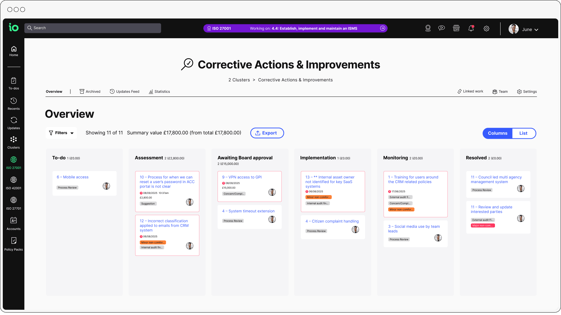 io platform iso corrective actions